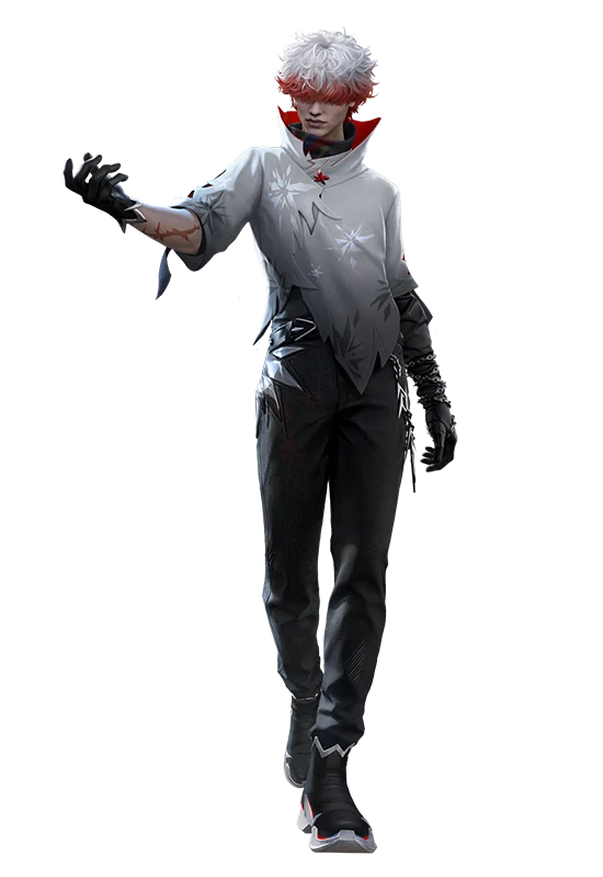 Arte oficial de Nero, personagem de Free Fire com cabelo branco e roupa clara