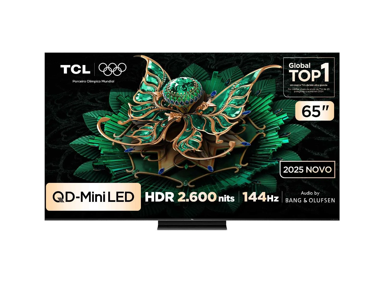 TCL C7K de 65 polegadas com base central e imagem verde na tela.