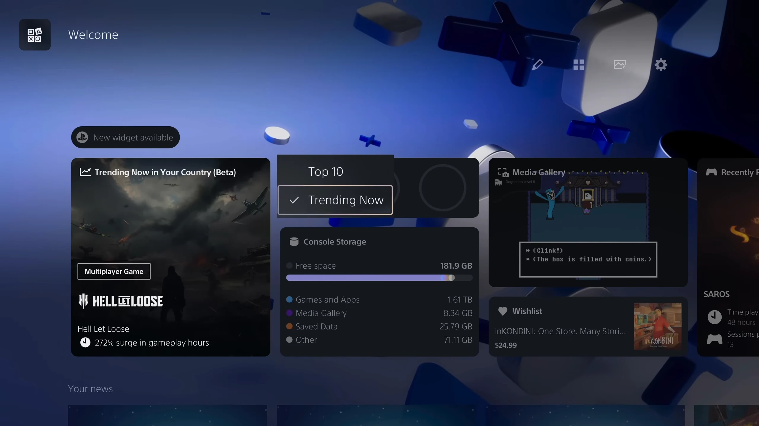 Widget Community Activity do PS5 mostrando a seção Trending Now no Welcome Hub