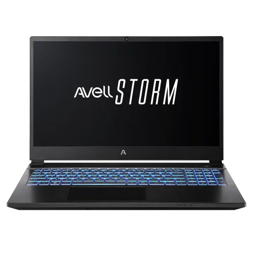Avell STORM 560 aberto de frente com teclado iluminado, notebook de alto desempenho com RAM e SSD expansíveis