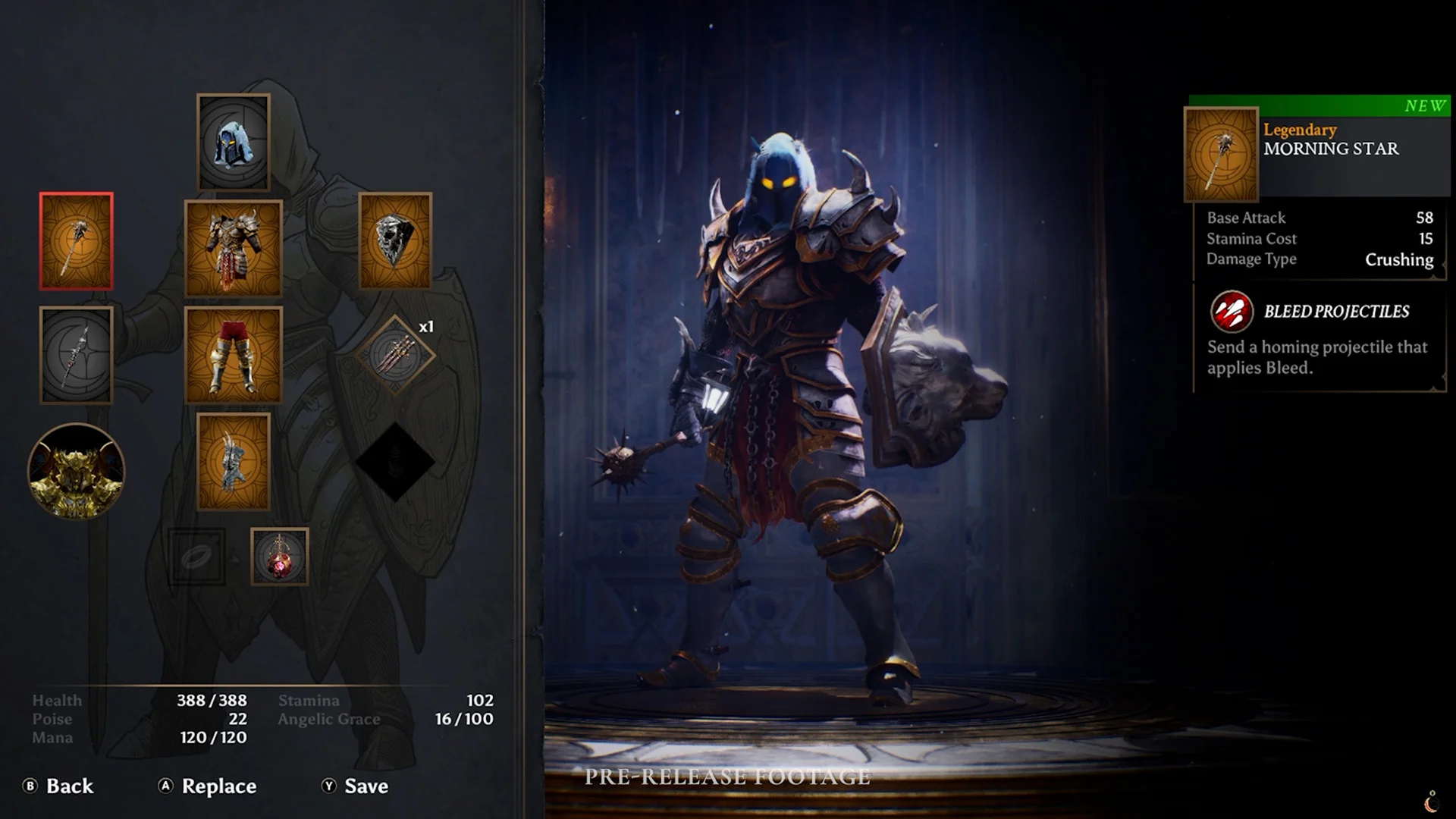 Tela de equipamentos de Crimson Moon mostrando armaduras, armas, escudo e trinkets