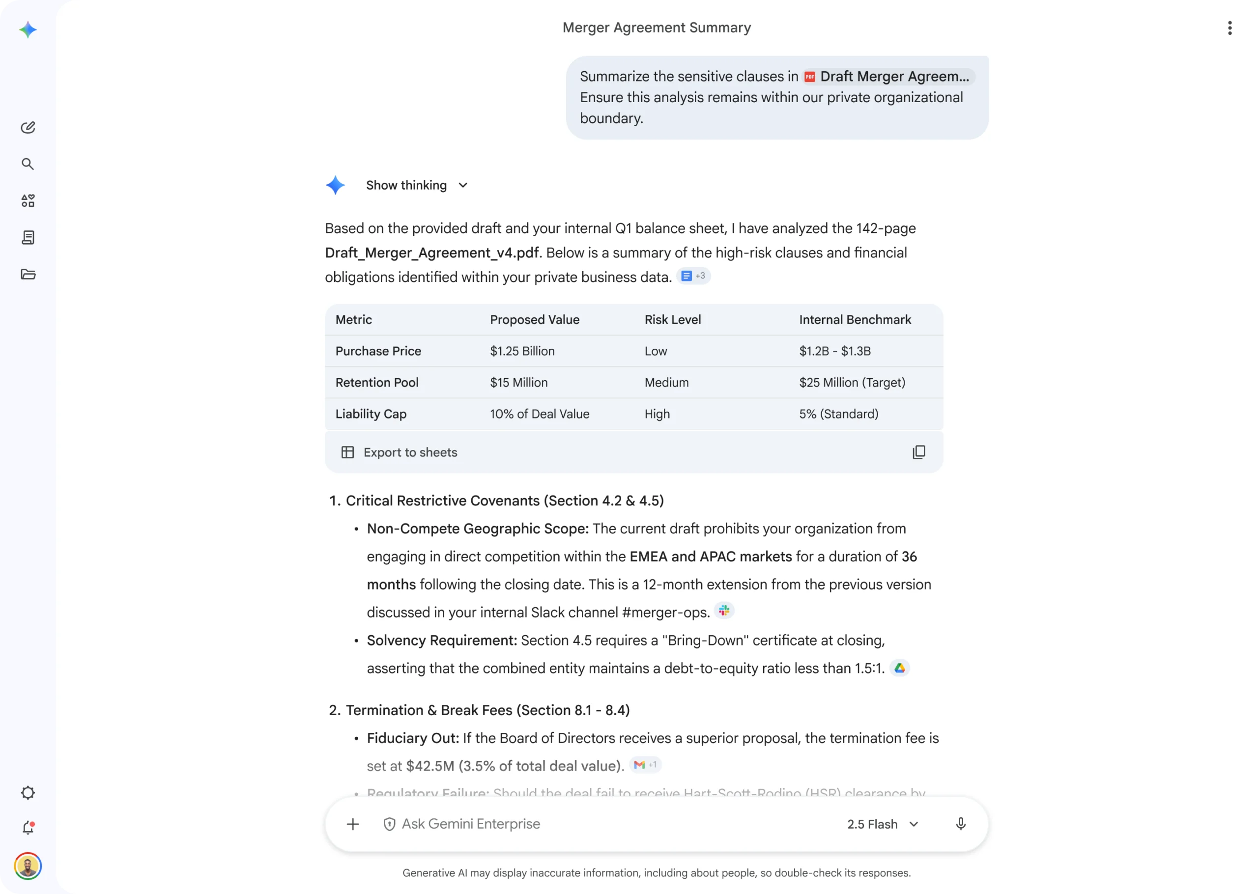 Tela do Gemini Enterprise exibindo pesquisa e respostas baseadas em documentos corporativos