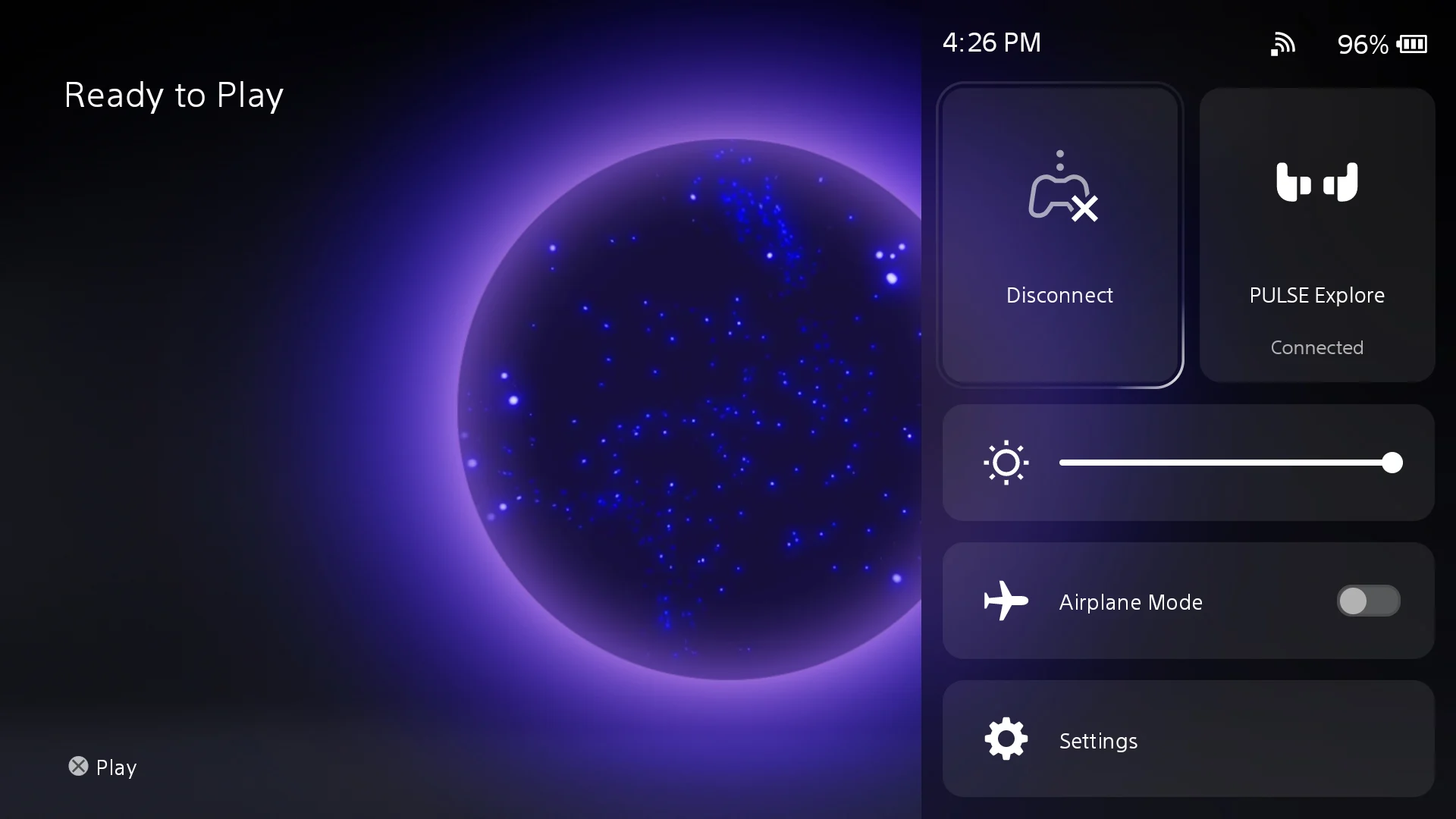 Menu rápido do PlayStation Portal com indicador de bateria e acesso às configurações