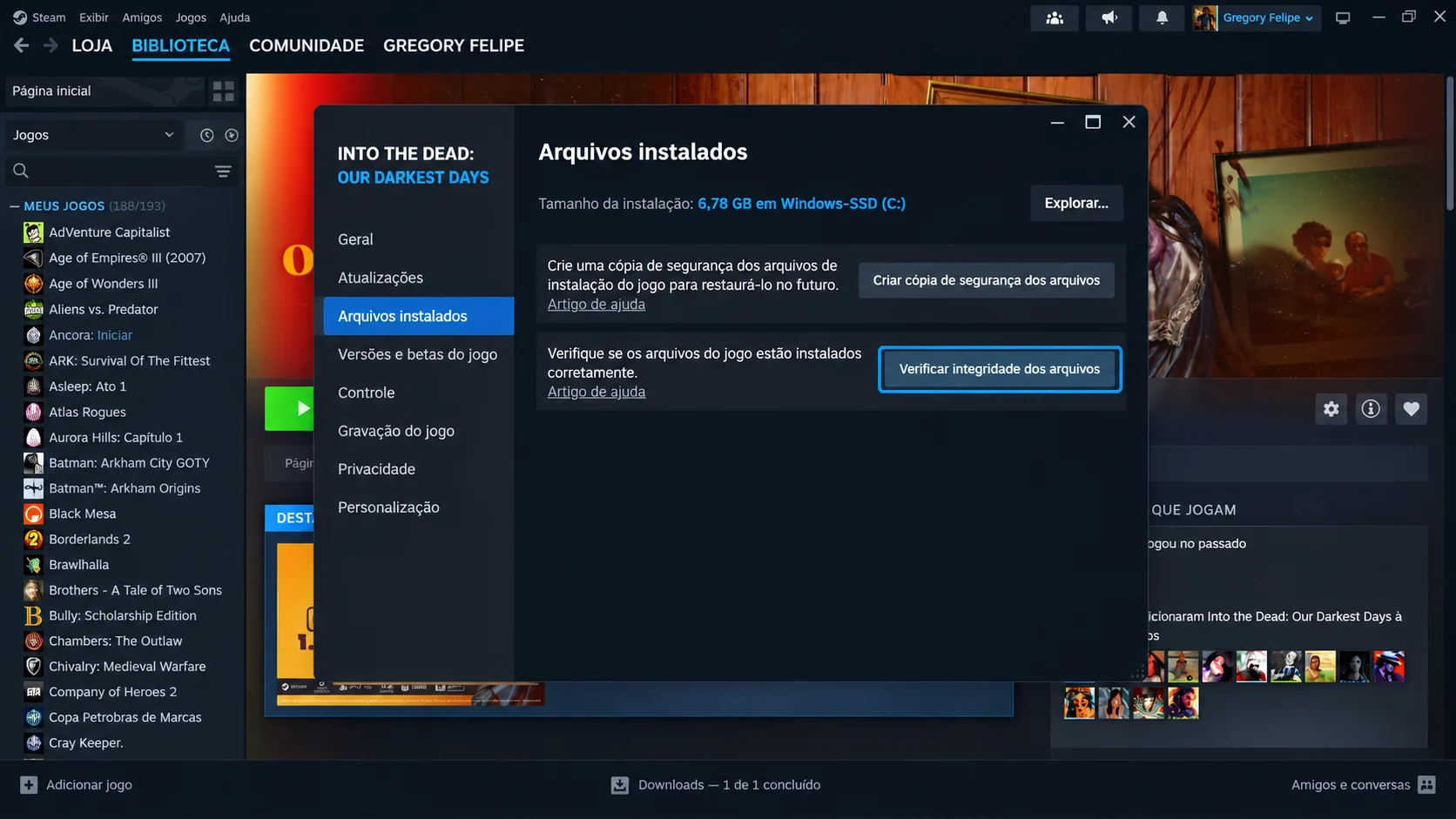 Tela de propriedades de um jogo na Steam com a opção Verificar integridade dos arquivos destacada.