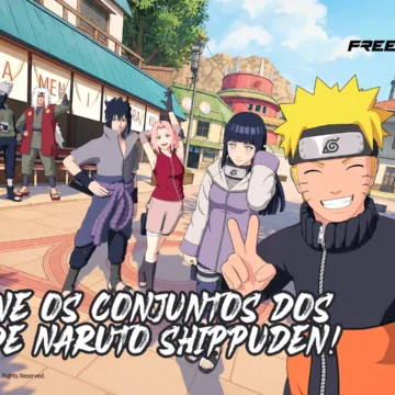Naruto, Hinata, Sasuke, Sakura, Kakashi e Jiraiya em imagem promocional da colaboração Free Fire x Naruto Shippuden