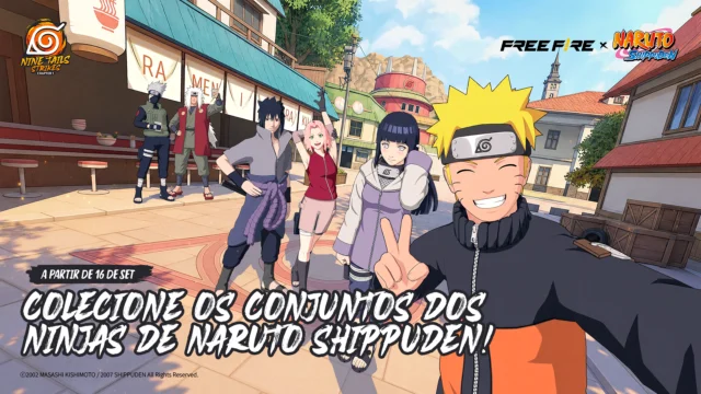 Naruto, Hinata, Sasuke, Sakura, Kakashi e Jiraiya em imagem promocional da colaboração Free Fire x Naruto Shippuden