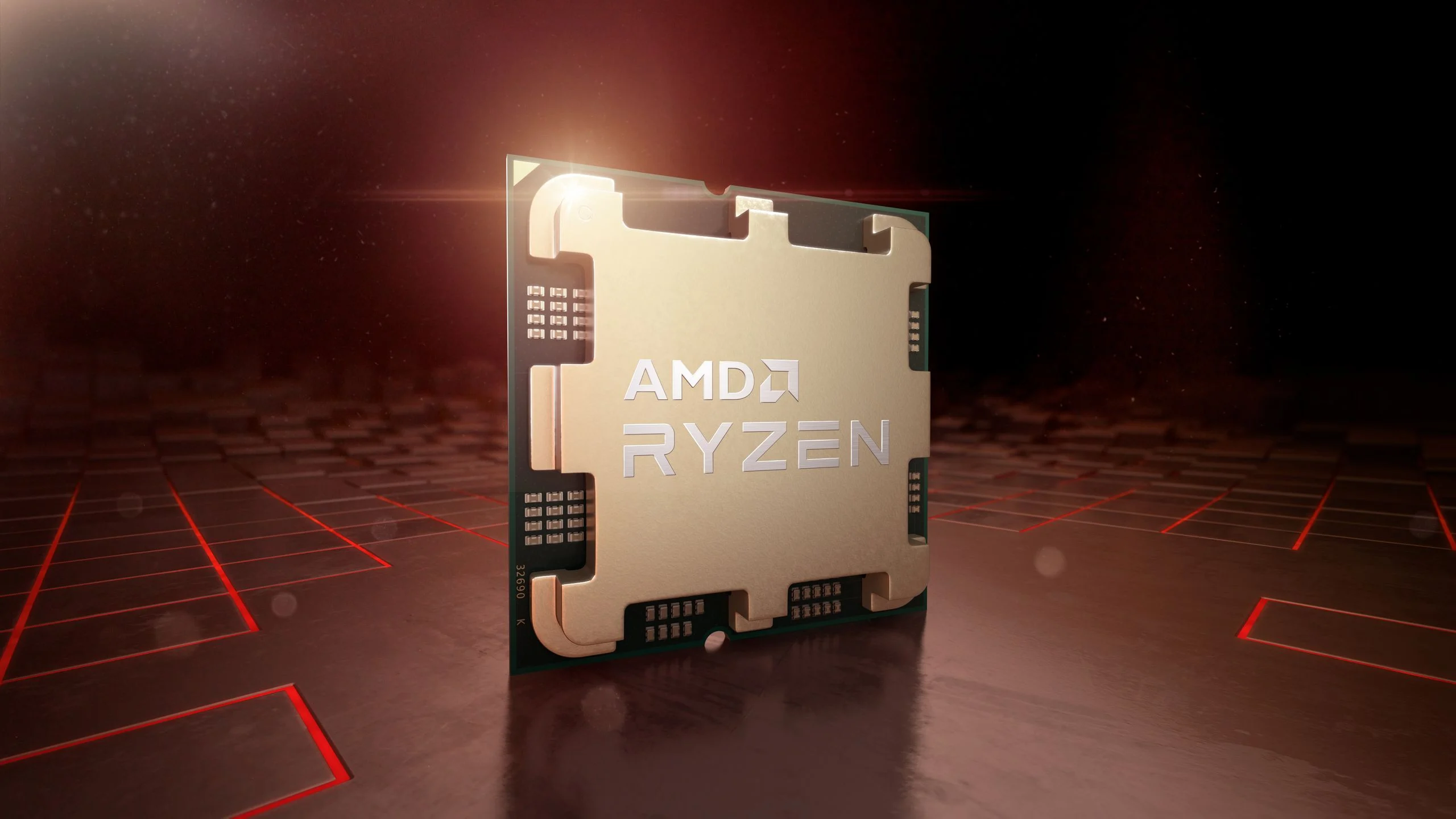 Imagem promocional de processador AMD Ryzen com encapsulamento AM5 sobre fundo escuro e vermelho