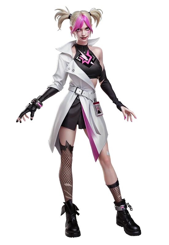 Arte oficial de Kassie, personagem de suporte de Free Fire com jaleco branco