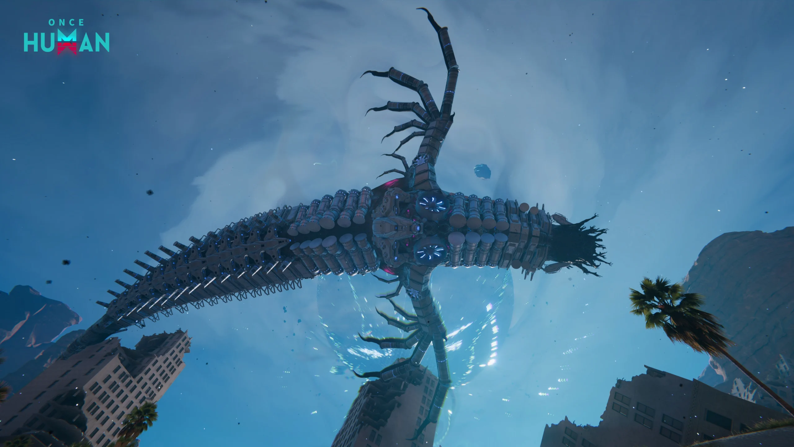 Criatura colossal sobre uma cidade em Once Human com crossplay entre consoles, PC e celulares