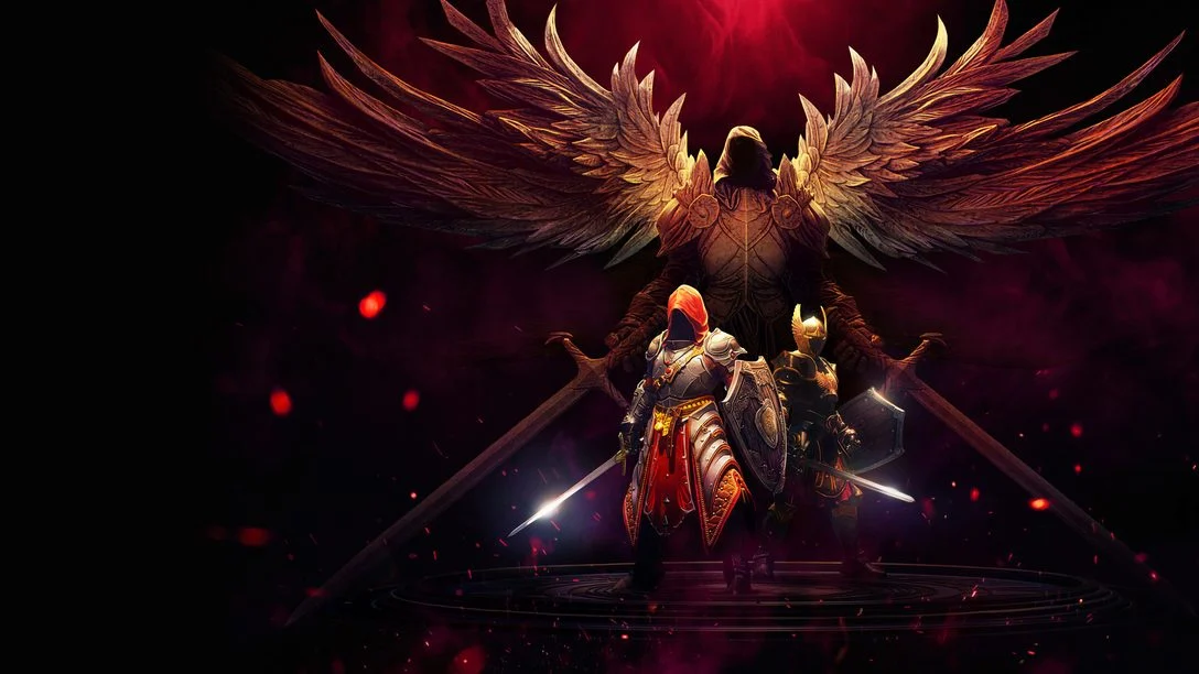 Nephilim de Crimson Moon com espada e escudo em arte oficial do RPG