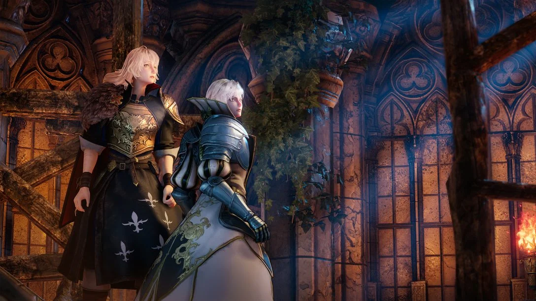 Leo e Alex dentro do castelo em Bloodstained The Scarlet Engagement