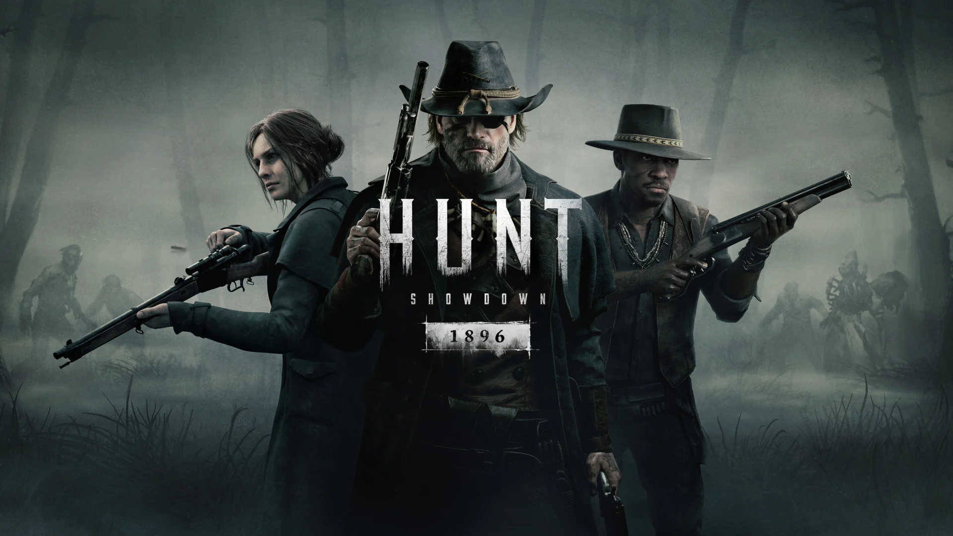 Três caçadores armados diante de uma paisagem com neblina em Hunt: Showdown 1896