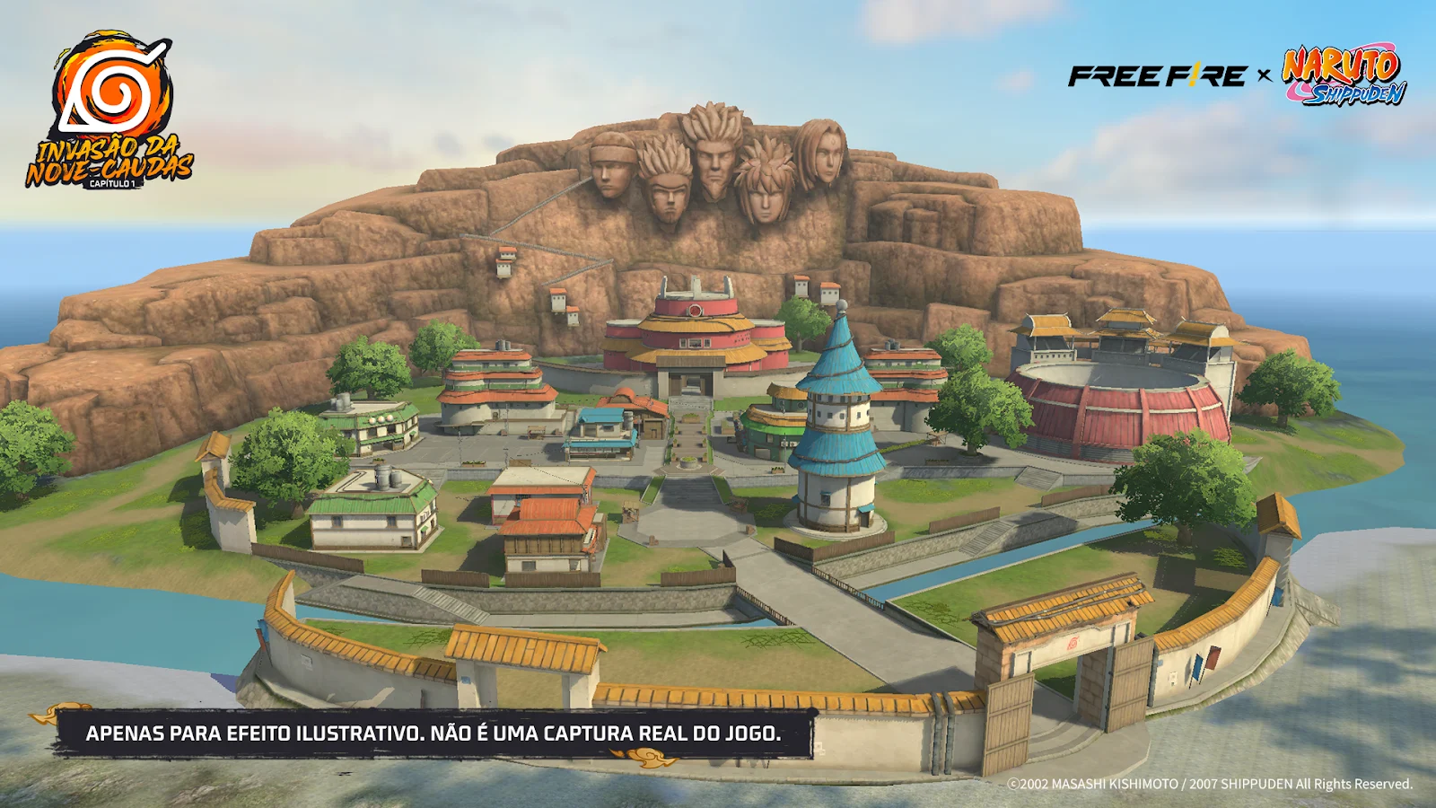 Vila Oculta da Folha recriada no mapa de Free Fire para a colaboração com Naruto Shippuden - Free Fire x Naruto