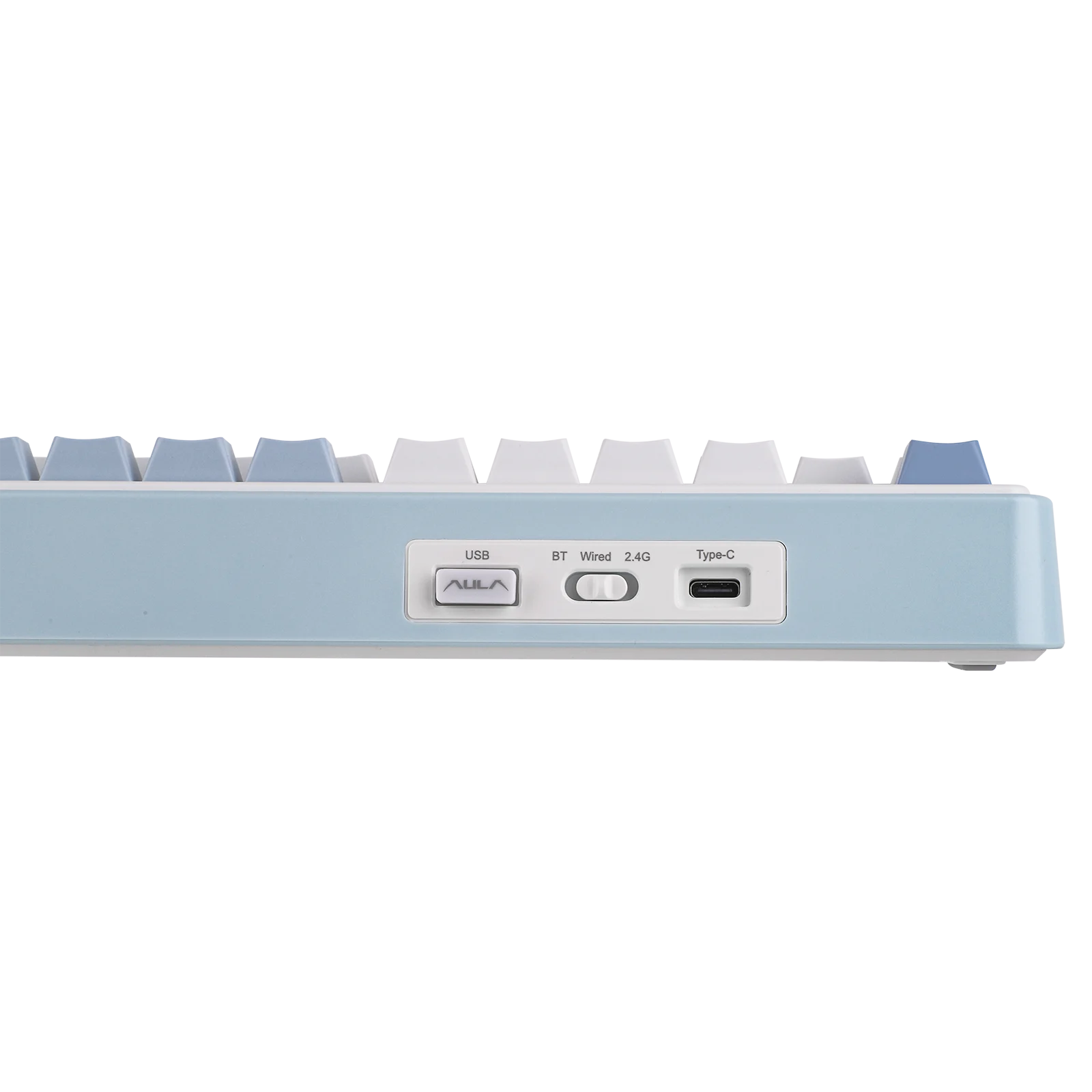 AULA F75 visto de lado com conexões USB-C e seletor sem fio