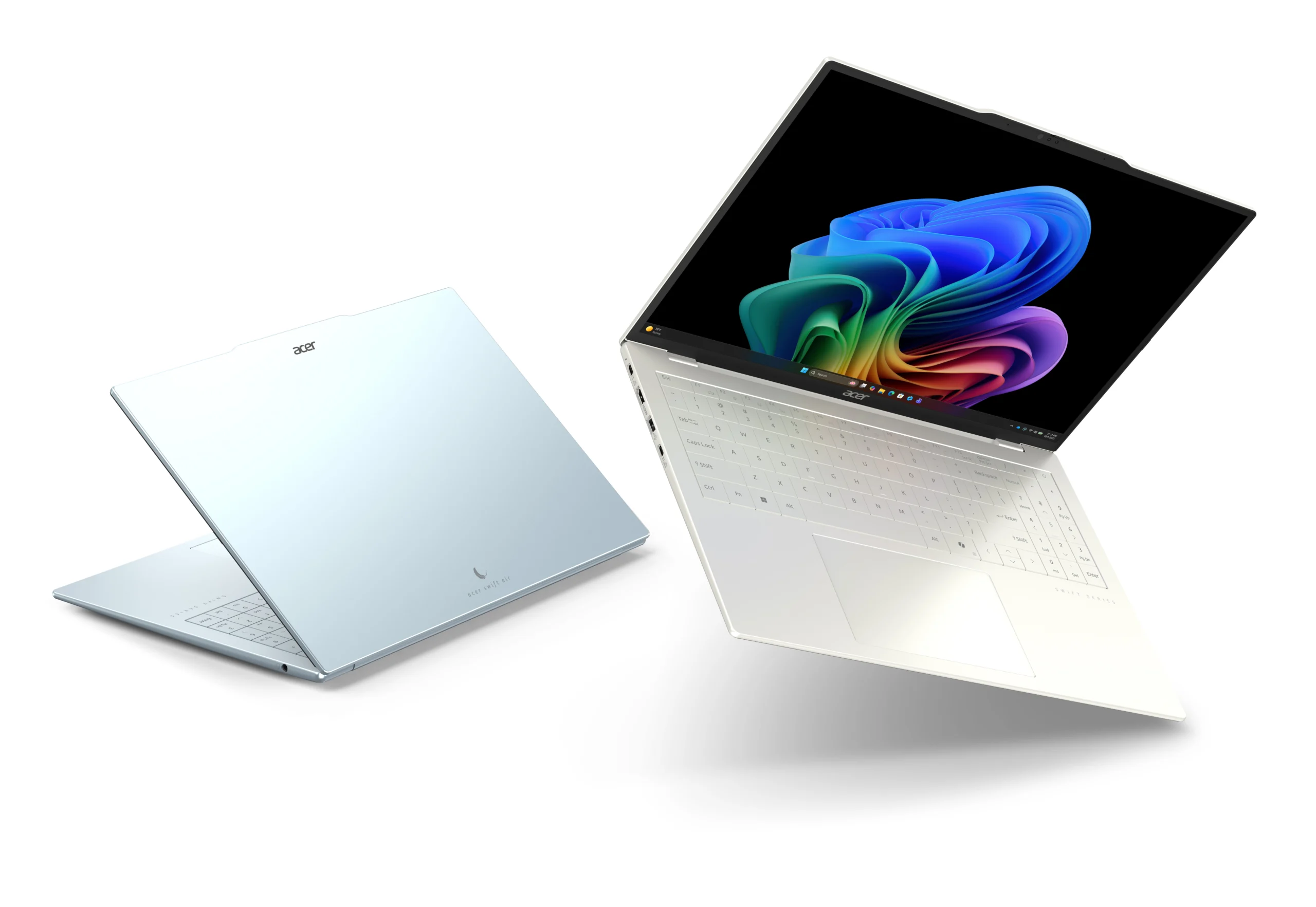 Acer Swift Air 16 em diferentes ângulos, ultrafino de magnésio e alumínio usado para ilustrar a linha premium da Acer