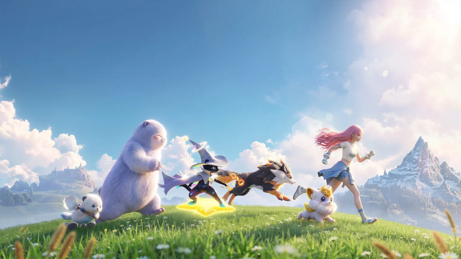 Personagem e diferentes criaturas de Aniimo correndo pelo mundo aberto de Idyll
