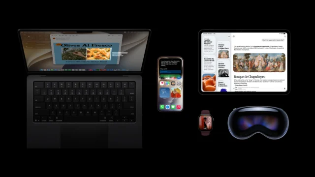 Mac, iPhone, iPad, Apple Watch e Apple Vision Pro com sistemas recentes da Apple