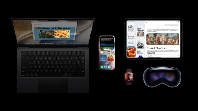 Mac, iPhone, iPad, Apple Watch e Apple Vision Pro com sistemas recentes da Apple