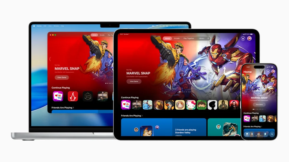 Apple Games exibido em MacBook, iPad e iPhone