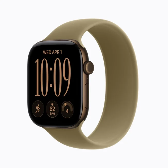 Apple Watch Series 12 em alumínio bronze escuro com pulseira esportiva verde-oliva
