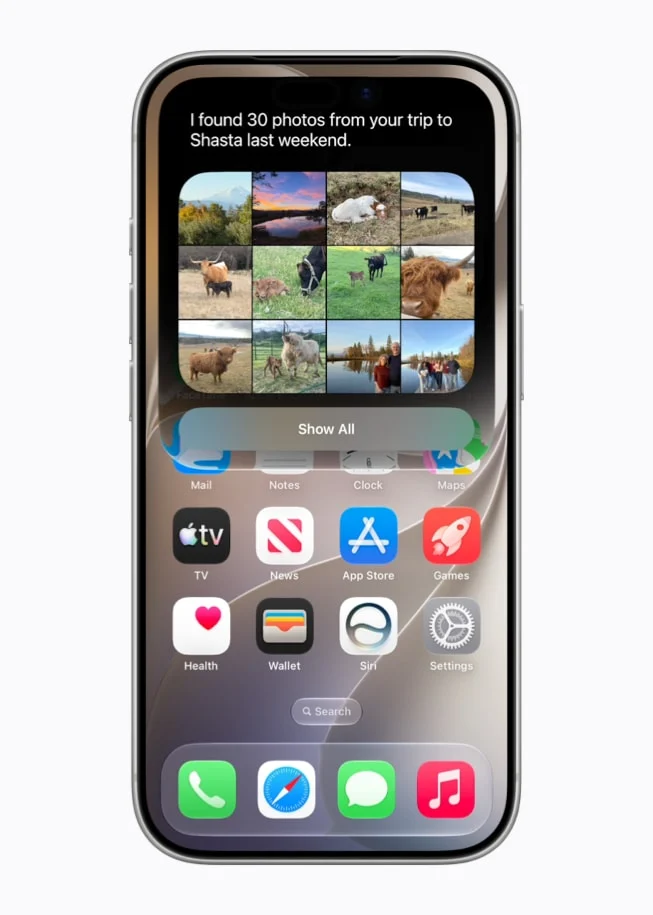 iPhone com Siri AI encontrando fotografias no aplicativo Fotos