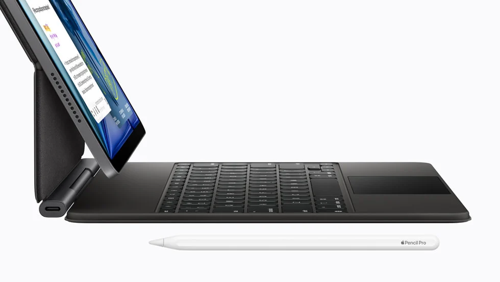 iPad Air M4 conectado ao Magic Keyboard e acompanhado do Apple Pencil Pro
