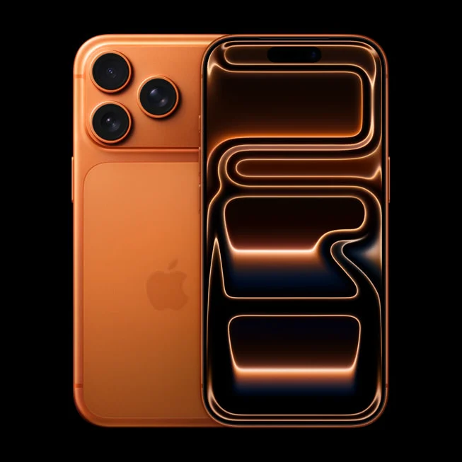iPhone 17 Pro laranja visto pela frente e por trás