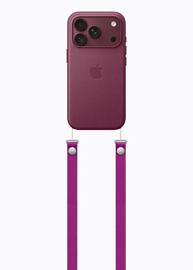 iPhone 18 Pro bordô com capa bordô e alça transversal magenta