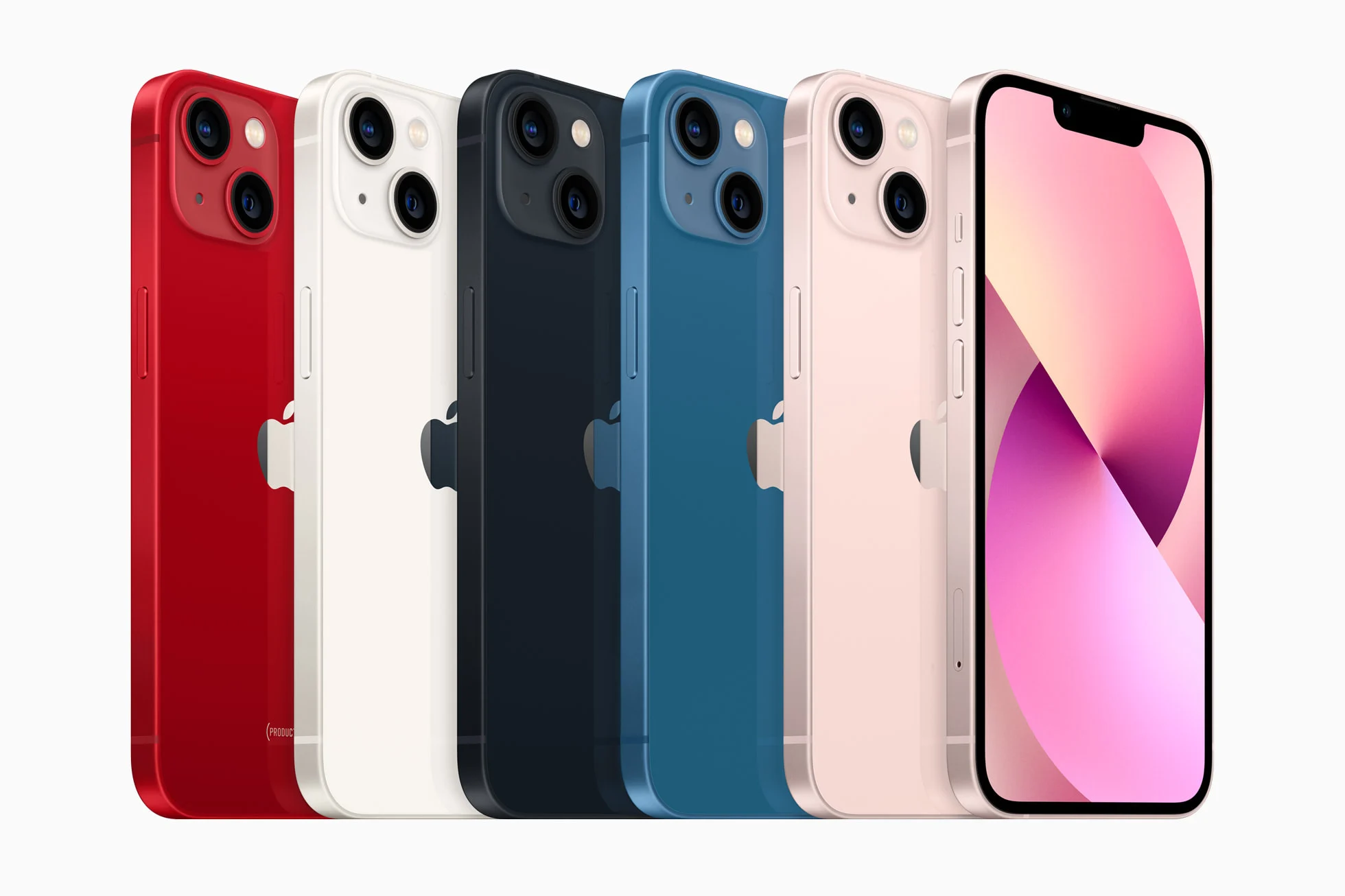 iPhone 13 nas cores vermelha, estelar, meia-noite, azul e rosa