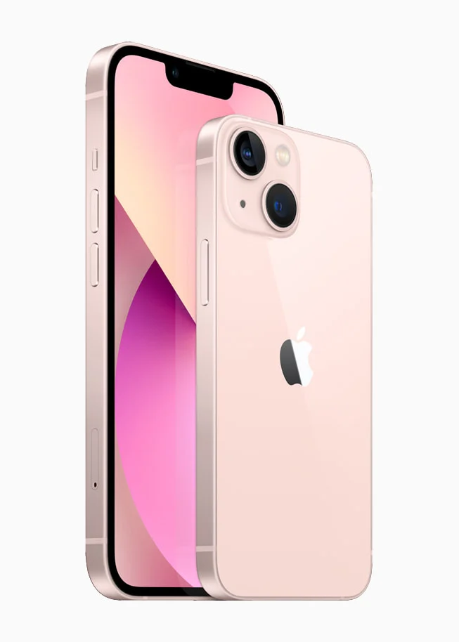 iPhone 13 e iPhone 13 mini rosa vistos de frente e de trás