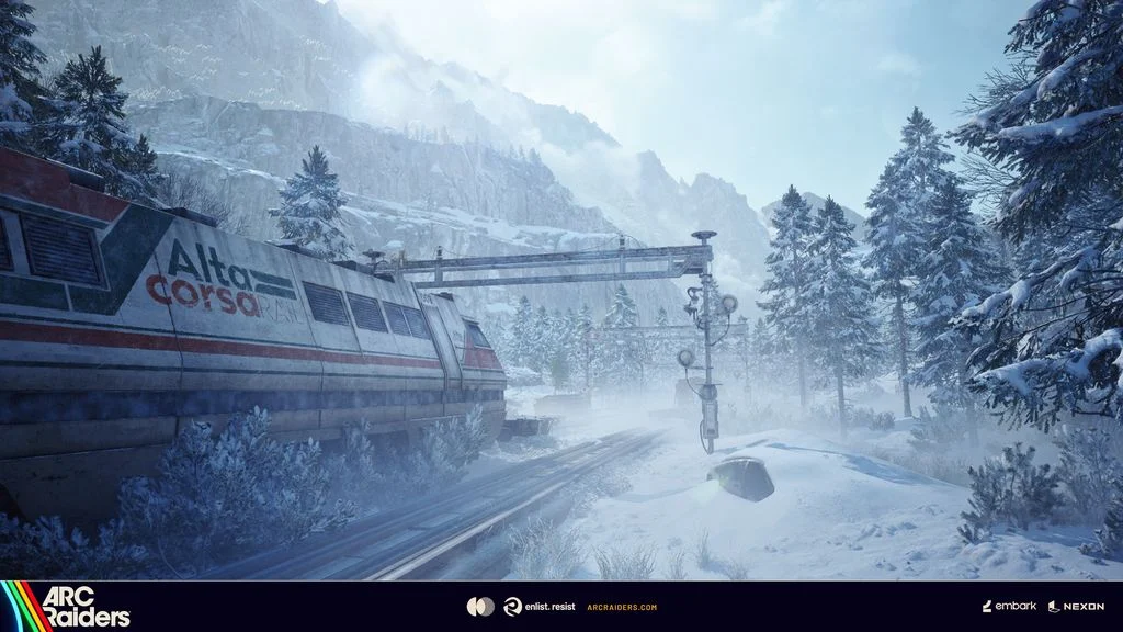 Região congelada de Pendola Pass com trem abandonado em ARC Raiders