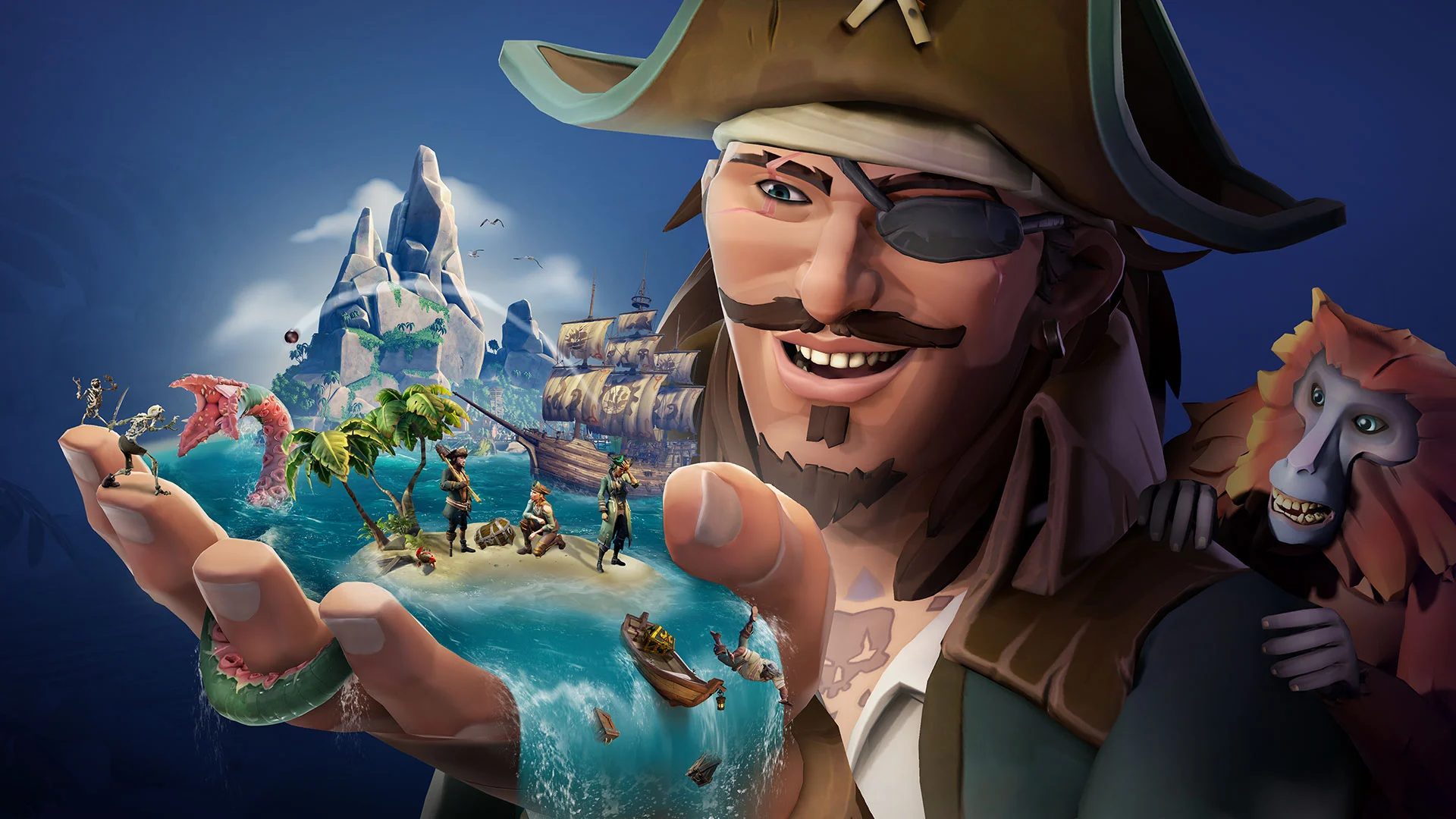 Pirata de Sea of Thieves segurando um cenário dos Mares Personalizados