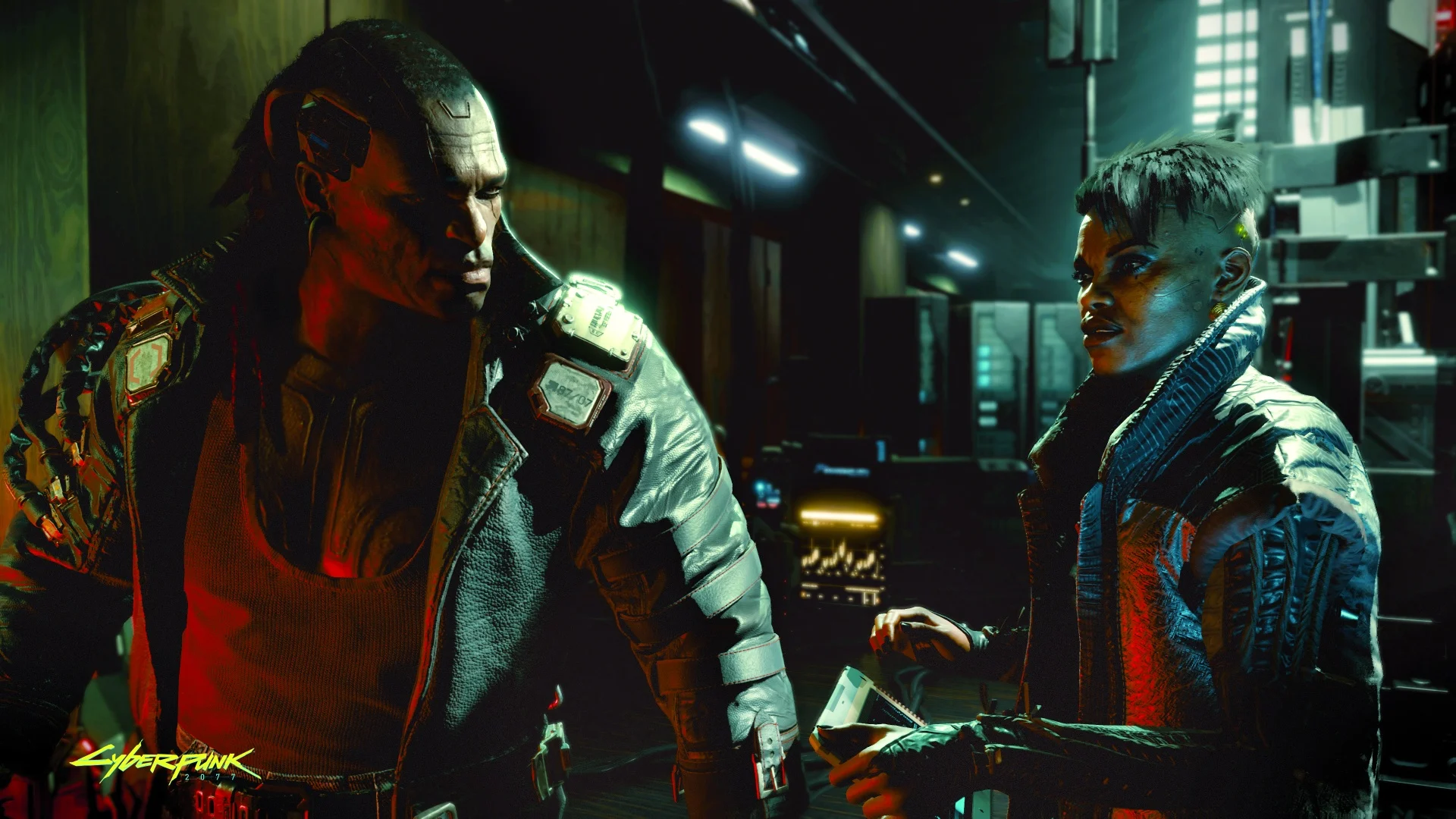V empunha uma pistola ao lado de Johnny Silverhand e outros personagens de Cyberpunk 2077