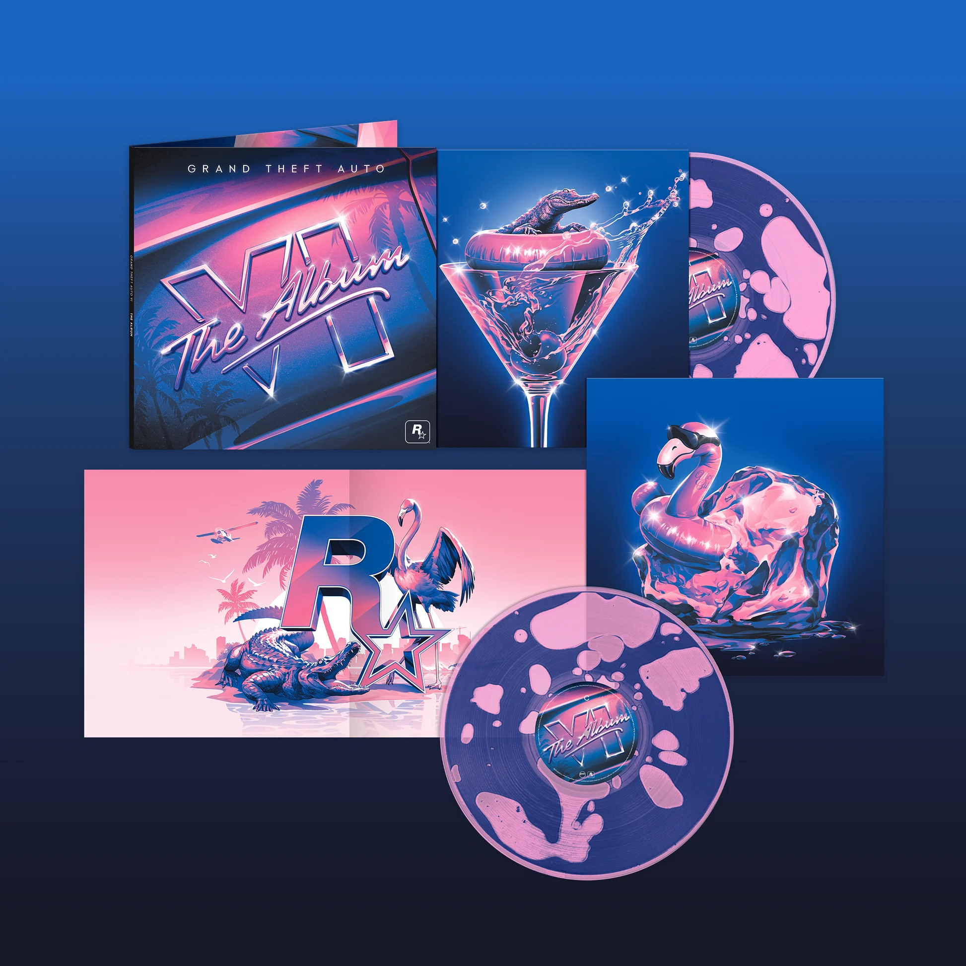 Edição limitada em vinil de Grand Theft Auto VI The Album com discos transparentes magenta e líquido azul