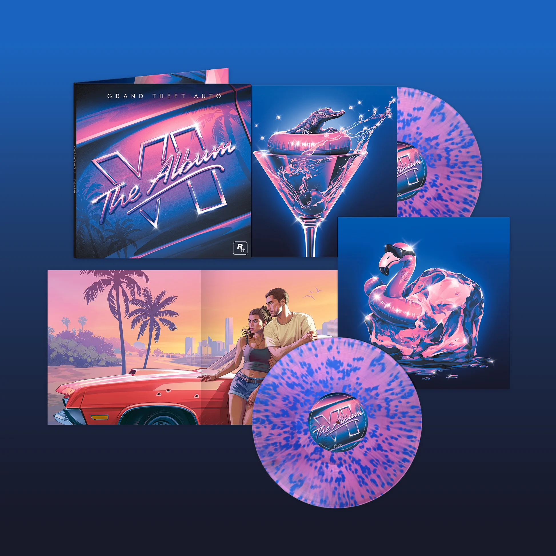 Edição em vinil de Grand Theft Auto VI The Album com dois discos rosa e azul