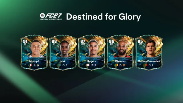 Mbappé, Isak, Morgan Rogers, Bryan Mbeumo e Matheus Fernandes em arte do Destined for Glory do EA FC 27