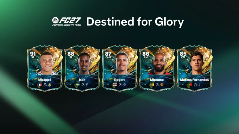 Mbappé, Isak, Morgan Rogers, Bryan Mbeumo e Matheus Fernandes em arte do Destined for Glory do EA FC 27