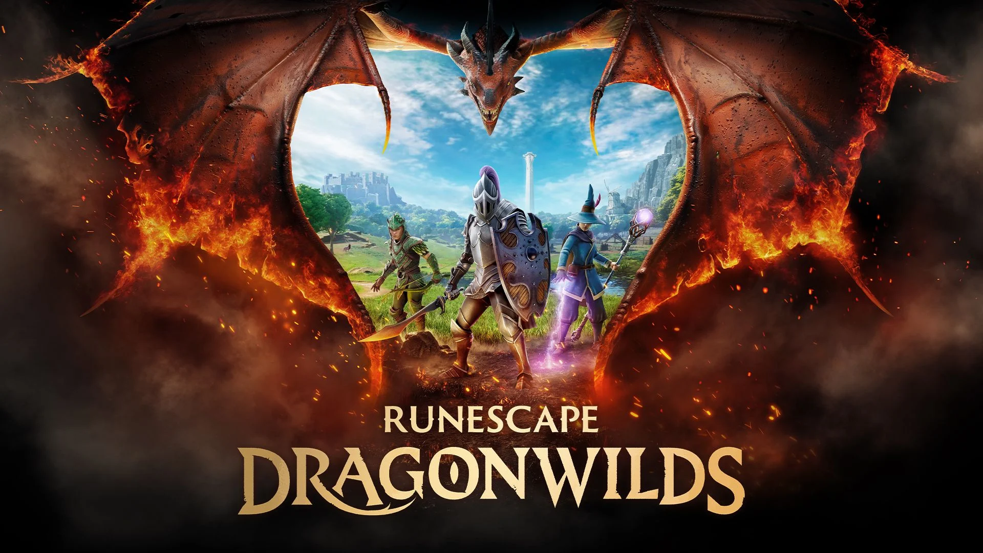Arte oficial de RuneScape Dragonwilds com aventureiros e um dragão