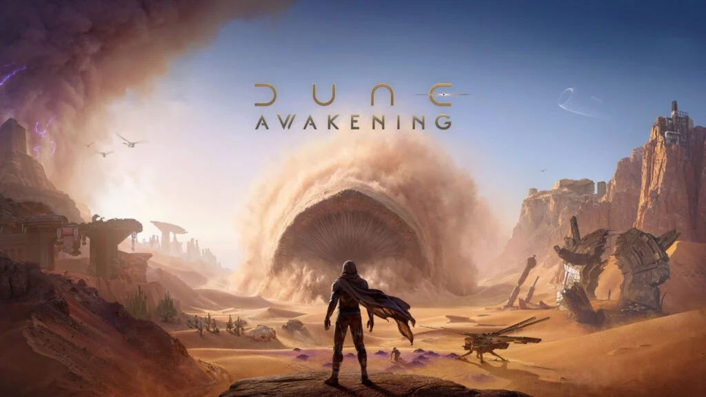 Personagem observa um verme de areia gigante em Dune Awakening
