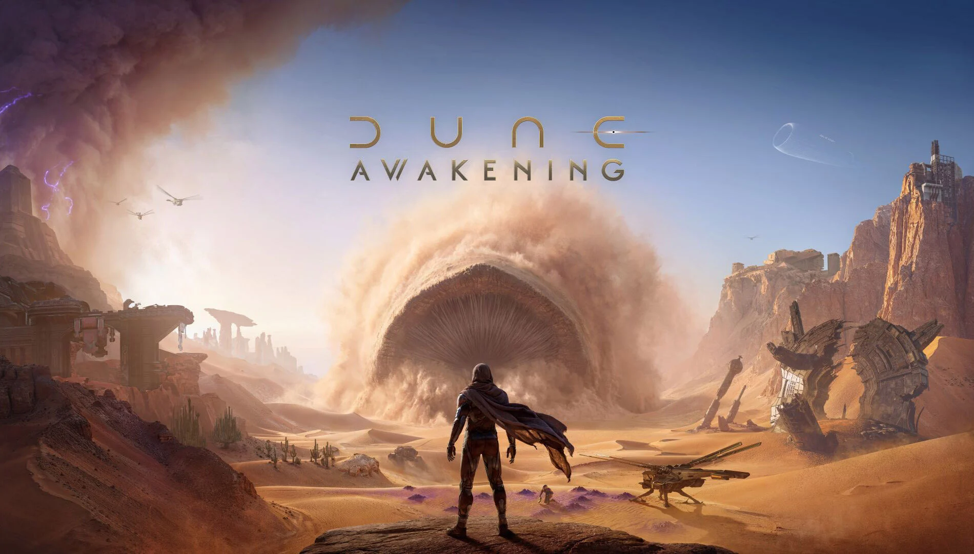 Personagem de Dune Awakening diante de um verme da areia em Arrakis