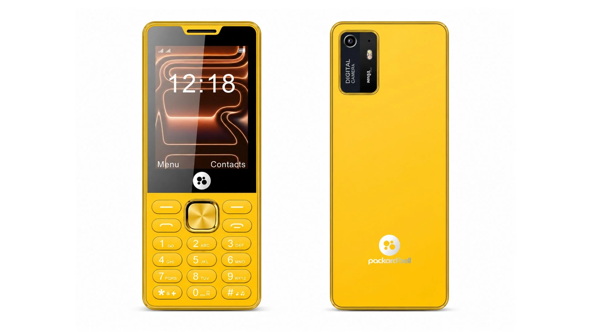 Celular Packard Bell DotLine amarelo visto de frente e de costas