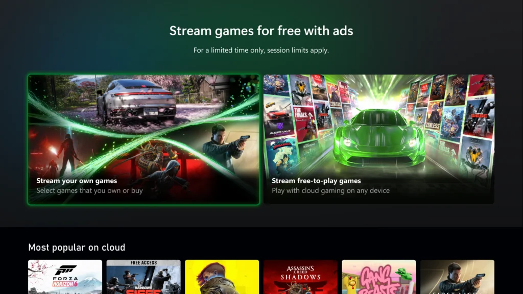 Interface do Xbox Cloud Gaming mostrando opção gratuita financiada por anúncios