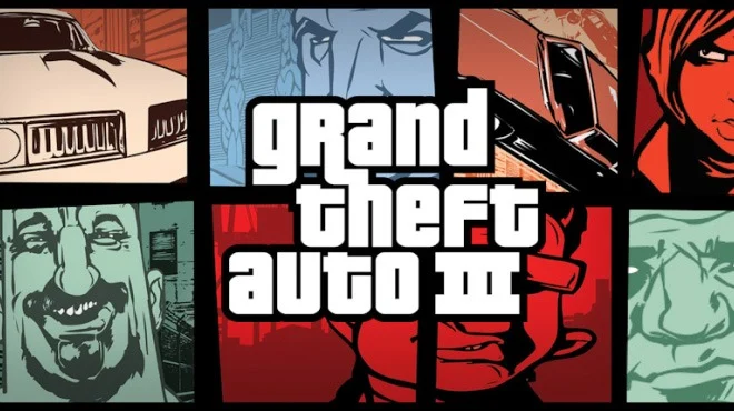Arte de Grand Theft Auto III, lançado pela Rockstar em outubro de 2001