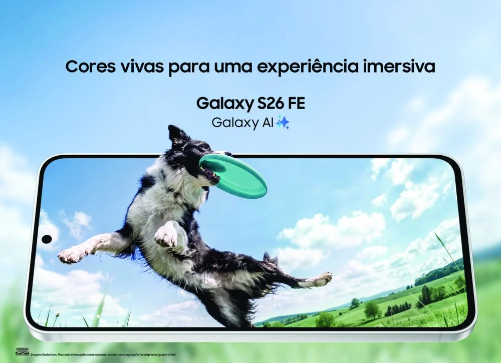 Tela AMOLED de 6,7 polegadas do Galaxy S26 FE exibindo cachorro em movimento