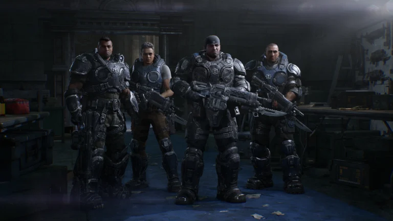 Marcus Fenix e integrantes do esquadrão em Gears of War E-Day