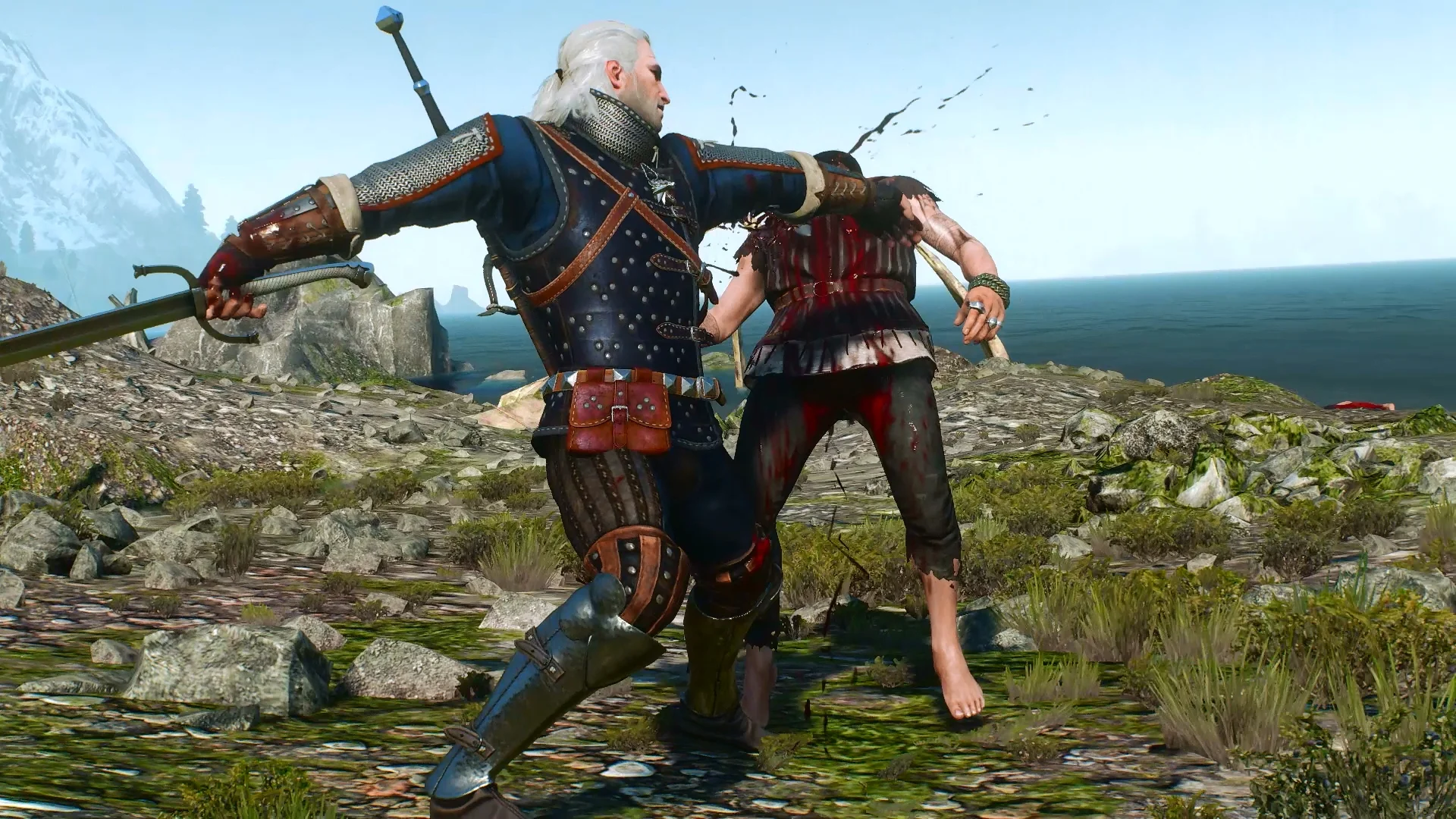 Geralt usando equipamento da Escola do Gato em The Witcher 3