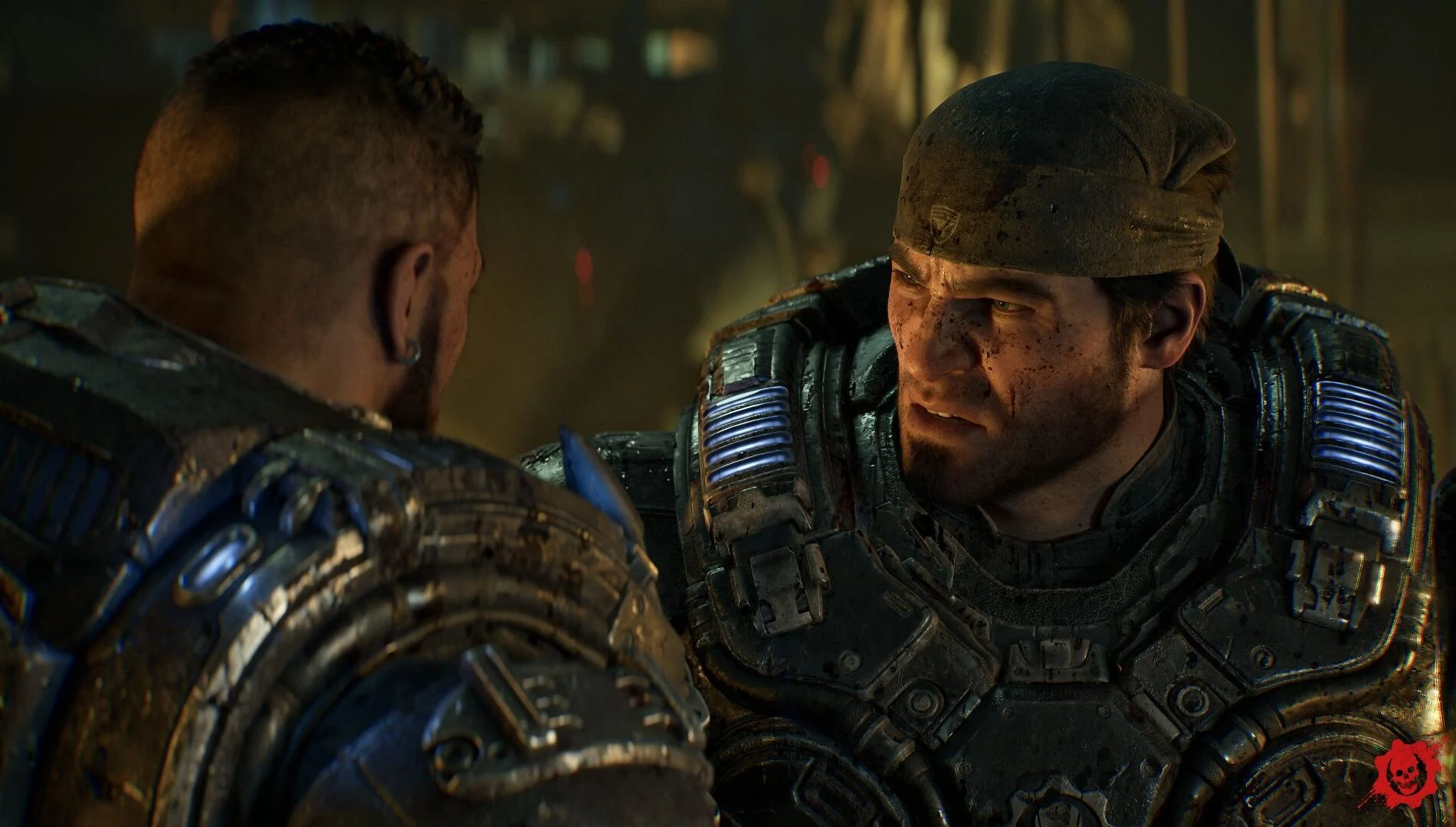 Marcus Fenix durante a campanha de Gears of War E-Day