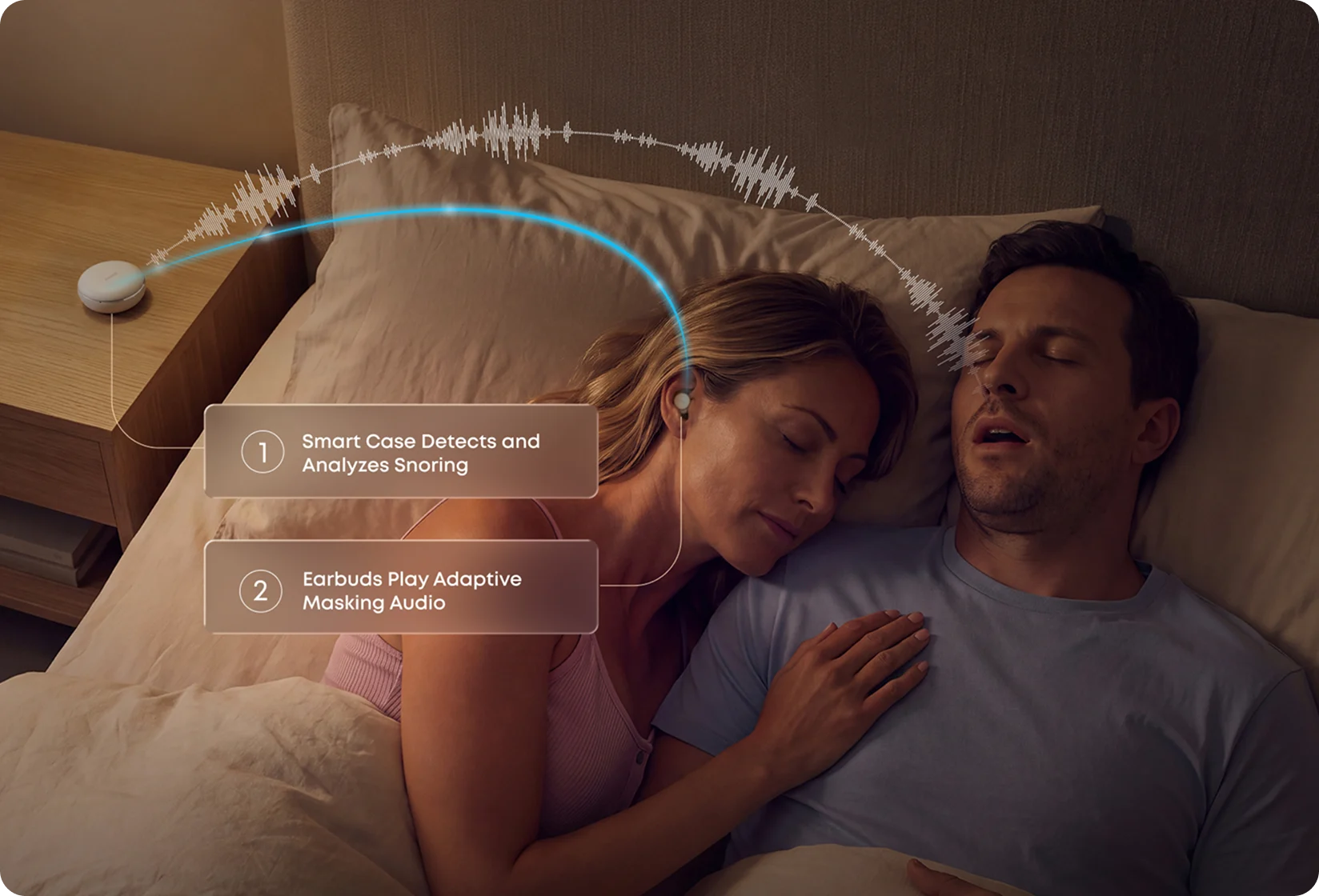 Sleep Earbuds 4 Pro usando o estojo para detectar e mascarar ronco
