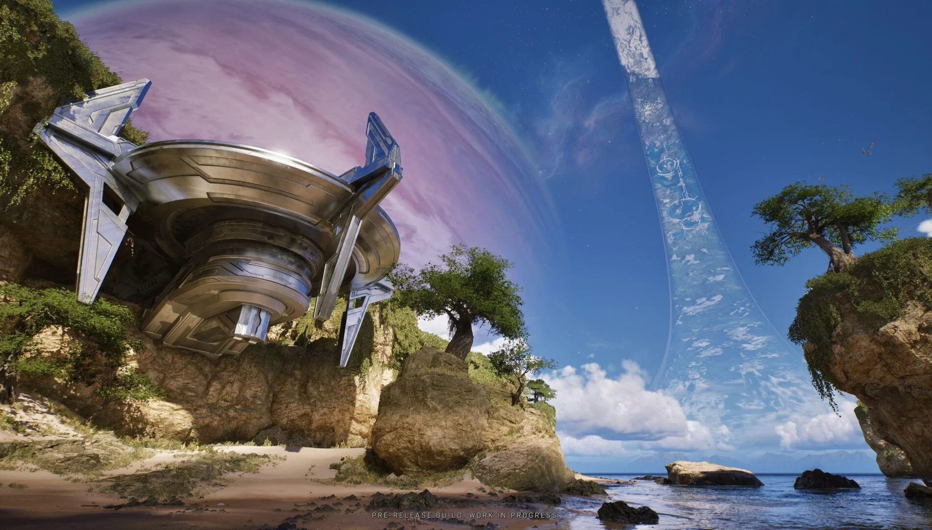 Mundo de Halo com o enorme anel visível no céu