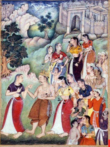 Gandhari vendada ao lado de Dhritarashtra em ilustração do Mahabharata